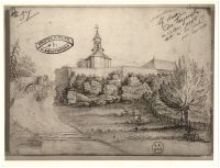 Cronica Cercetărilor Arheologice din România, Campania 2020. Raportul nr. 94, Târgovişte.<br /> Sectorul 094-6518.<br /><a href='CronicaCAfotografii/2020/02-Preventive/094-targoviste/094-6518/poarta-vanatorilor-si-biserica-sf-vineri-vedere-dinspre-est-desen-de-karol-isler-anul-1861.jpg' target=_blank>Priveşte aceeaşi imagine într-o fereastră nouă</a>. Titlu: 094-6518