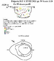 Cronica Cercetărilor Arheologice din România, Campania 2021. Raportul nr. 24, Fulgeriş, La Trei Cireşi (Dealul Fulgeriş)<br /><a href='https://ran.cimec.ro/RANatasamente/i2/18E0B2CDC07247D9A4E9AD2E4FCB67BD.jpg' target=_blank>Priveşte aceeaşi imagine într-o fereastră nouă</a>. Titlu: Fulgeriș, La trei cireși – Profil și grund complex Gr. 59